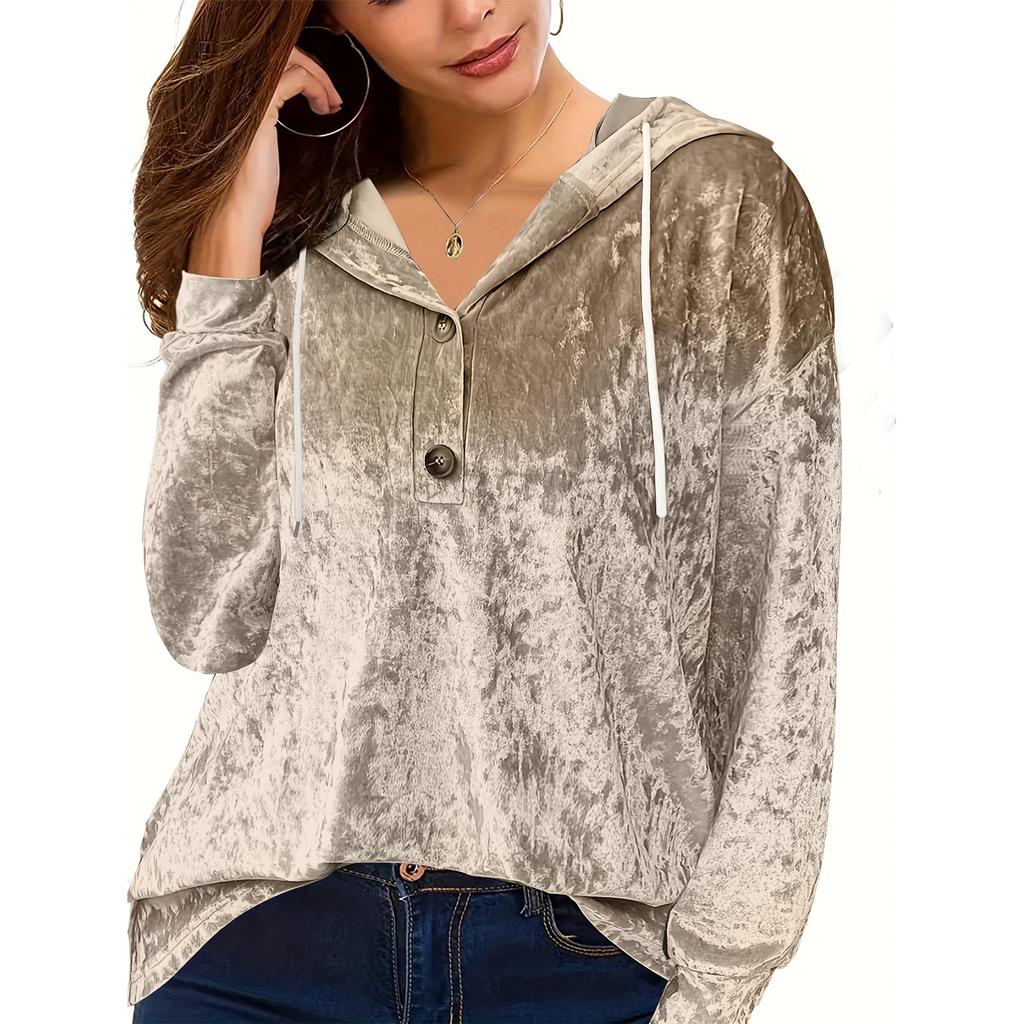 Ladies' Loose And Comfortable Gold Velvet V-neck Dawstring Hooded Button Up Oversized Top