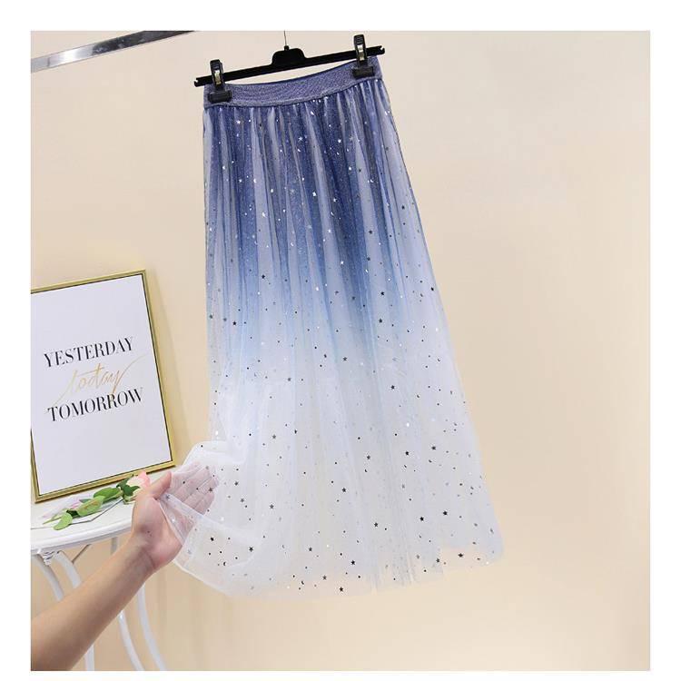Spring Summer Skirts Women Long Tulle Skirt Sequined Pleated A Line Midi Skirt Chic High Waist Skirt