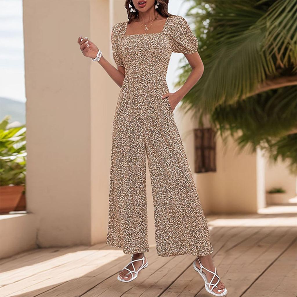 Women's Square Neck Puff Sleeve Wide Leg Printed Jumpsuit