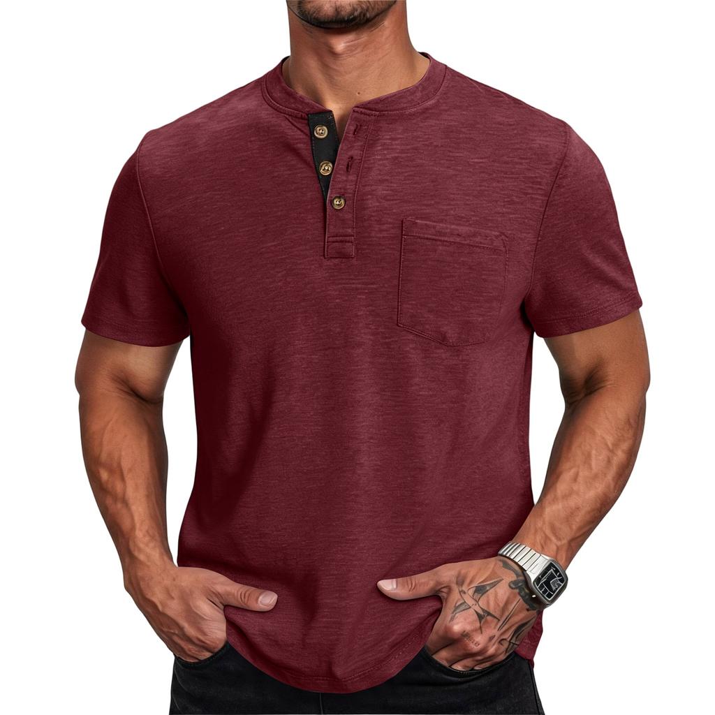 Men Henley Neck Short Sleeve T Shirt Casual Basic Button Front Athletic Fit Pullover Top with Chest Pocket for Everyday Wear