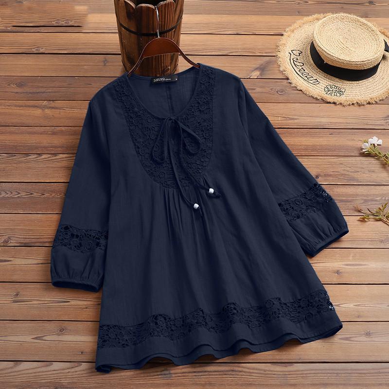 New Cotton Linen Patchwork Lace 3/4 Sleeve Loose Fit Women's Top