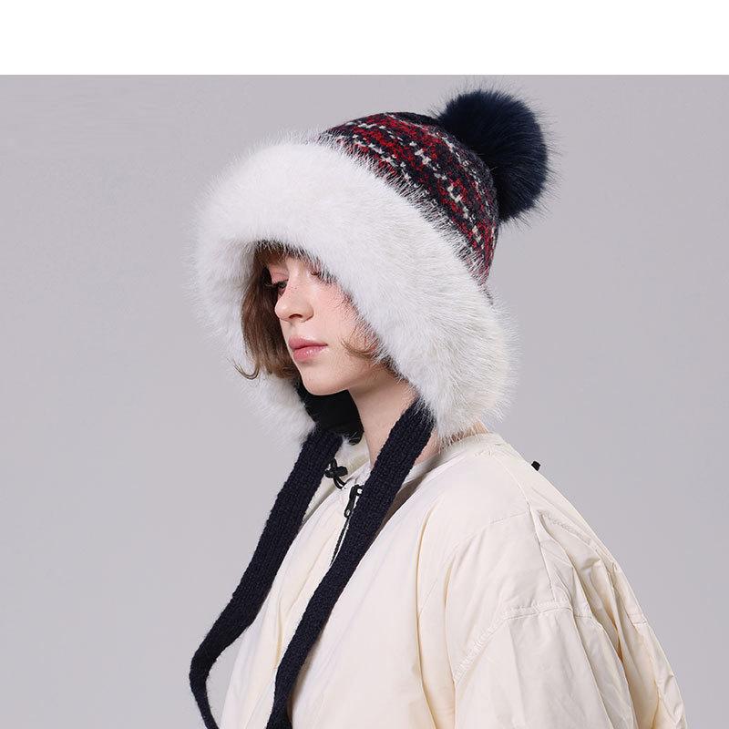 

Winter Retro Big Fur Collar Fur Ball Knitted Hat Women s Outdoor Windproof Face Protection Hat Темно-синій