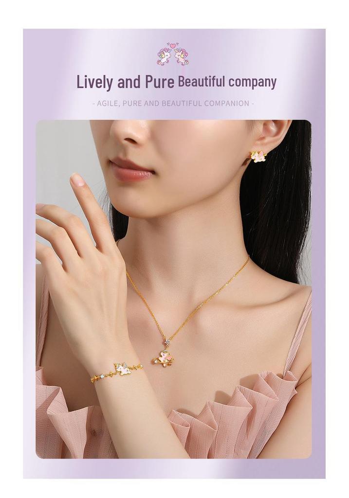 Tichia Original Rainbow Unicorn S925 Sterling Silver Enamel Necklace for Women - Sweet and Exquisite Clavicle Chain.
