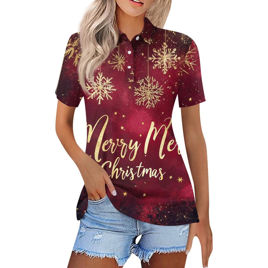Women's Fashion Casual Lapel Short Sleeve Christmas Print Shirt Women's Button Up Tops