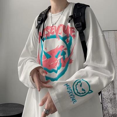 2024 Men's Long-Sleeved T-shirt Autumn Undershirt Long Sleeve Cotton Autumn Hong Kong Style Printing Loose Trendy Top