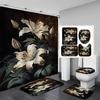 4Pcs Painted Floral Shower Curtain Set with Non-Slip Bath Mat, Toilet Lid Cover, Contour Rug & 12 Hooks, Bathroom Decor