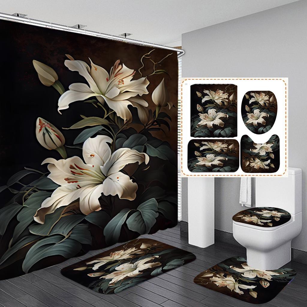 4Pcs Painted Floral Shower Curtain Set with Non-Slip Bath Mat, Toilet Lid Cover, Contour Rug & 12 Hooks, Bathroom Decor