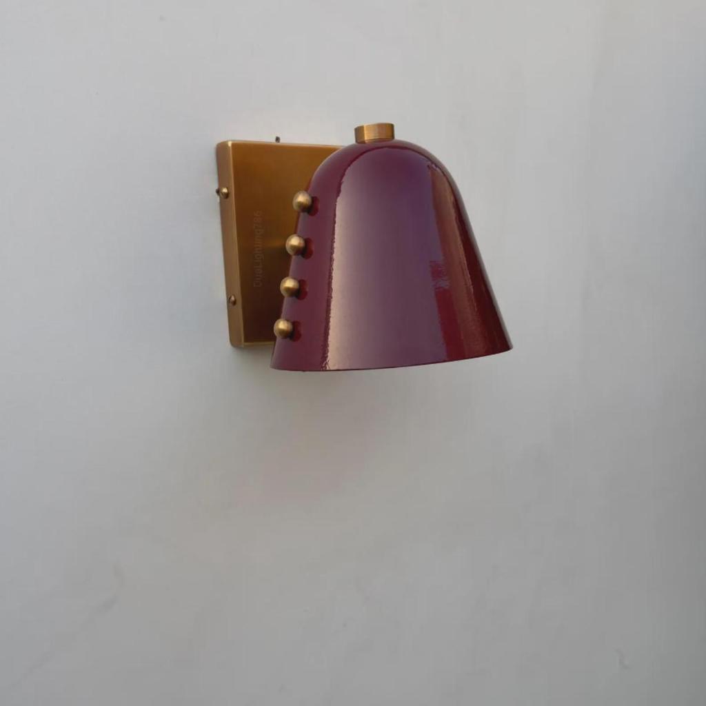 Mid-Century Modern Brass Wall Sconce Wine Red Cone Shade With Rivet Lighting