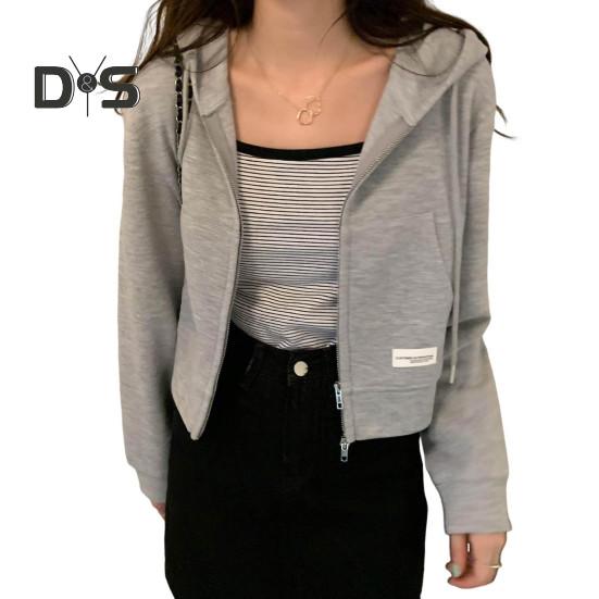 

Осень-весна Женское пальто с капюшоном, завязками на шнурке, длинными рукавами, карманами, застежкой-молнией, эластичными манжетами, короткими резинками, спортивной толстовкой, повседневной одеждой, куртка серый