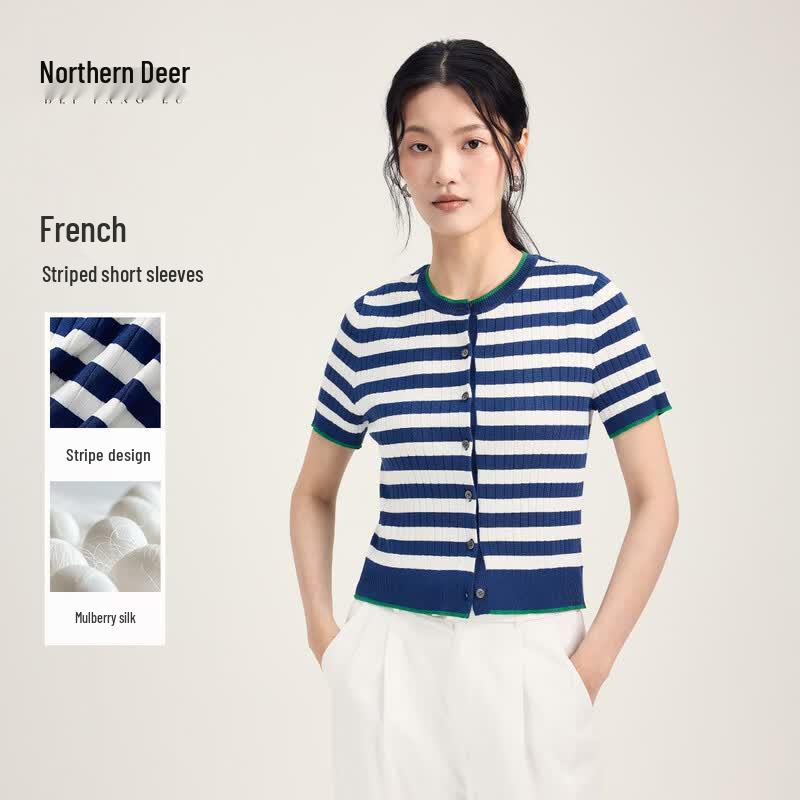 Northern Deer French Style Ribbed Stripe Knit Top XL