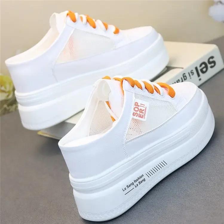 Fashion Summer Thick-soled Inner Heightening Half-drag Canvas Shoes Women's Muffin  A Pedal Lazy Shoes Women Casual Breathable Slippers