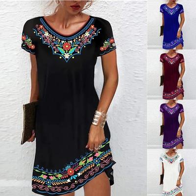 Sommer Bedrucktes Casual Kurzarmkleid Damen Vintage Rundhals Elegante Minikleider Damen A-Linie Lose Partykleid Frau 24056