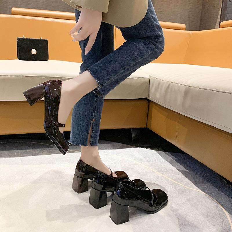 French Retro Thick Heel Small Leather Shoes Fashion Dress Square Head Mary Jane High Heel Single Shoes Women