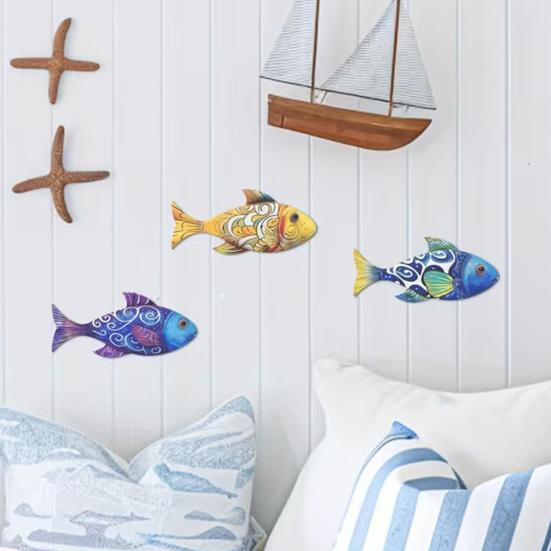 3 Pcs Wooden Fish Wall Decor Beach Lake House Wall Hanging Decoration Ocean Coastal Theme Wall Sculpture for Nautical Bathroom Bedroom Decor
