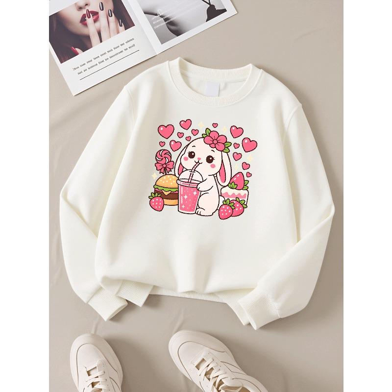Kids Crewneck Sweatshirt, Cute Bunny Drinking Strawberry Milk Creative Print,Daily Casual Top for Spring & Autumn