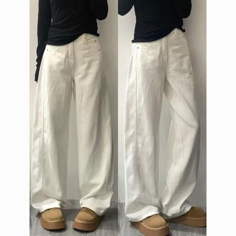 Autumn Winter High Waist Vintage Simple Wide Leg Denim Pants Women Solid Color All-match Loose Casual Jeans