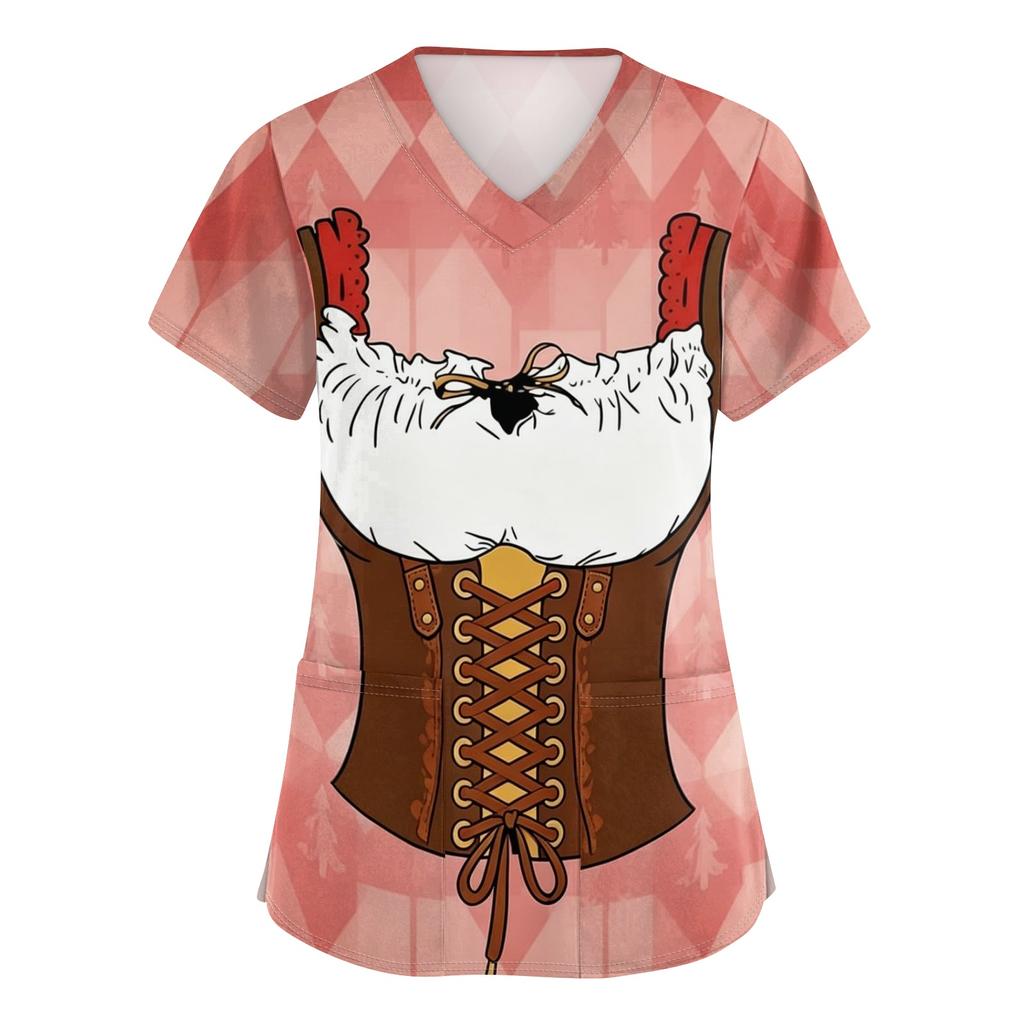 Women V Neck Short Sleeve Work Shirt with Pockets Oktoberfest Printed Top Nursing Uniform Medical Scrub Tee for Healthcare Staff