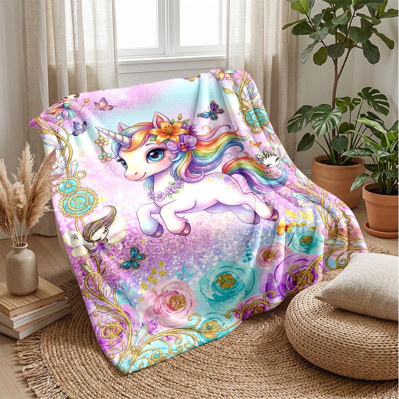 Rainbow Unicorn Fantasy Theme Blanket Lightweight Warm Flannel Blanket Decorative Throw Blanket for Home Decoration