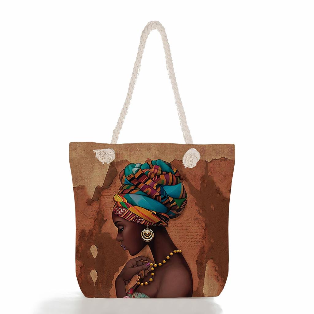 Multifunctional Black Girl Printed Thick Rope Shoulder Beach Bag Casual Large Capacity Handbag 0105