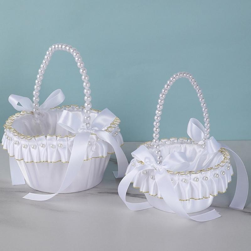 Elegant White And Gold Wedding Decorative Basket For Bridal Ceremonies Parties Decors Durable Fabric Storage Container