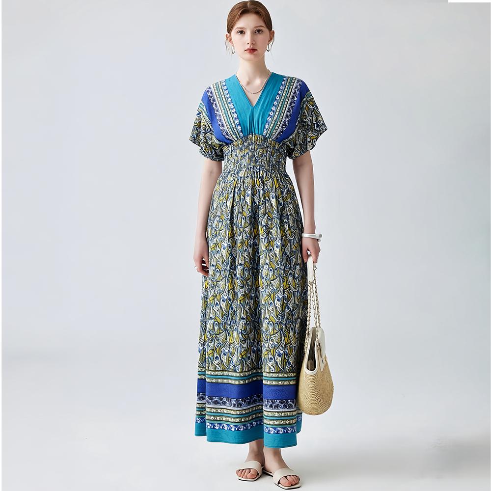 Bohemian-Style Cotton-Silk V-Neck Batwing Print Dress Summer Casual Vacation Beach Dress