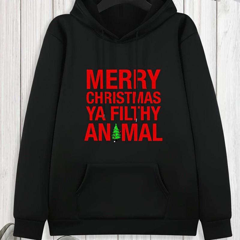 Black Christmas Hoodie Merry Tree Print Loose Fit Teens