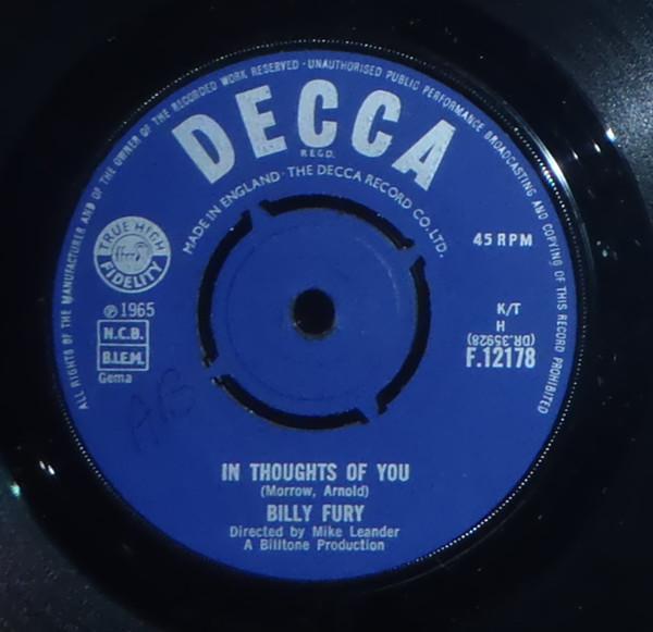 

7inch Record BILLY FURY - In Thoughts Of You F12178 Decca 1965 UK Rock Used