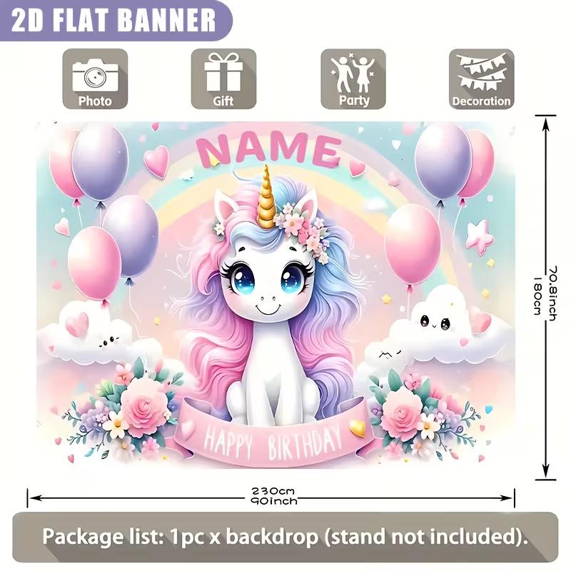 2D Pastel Unicorn Birthday Backdrop, Customizable Kids Party Background