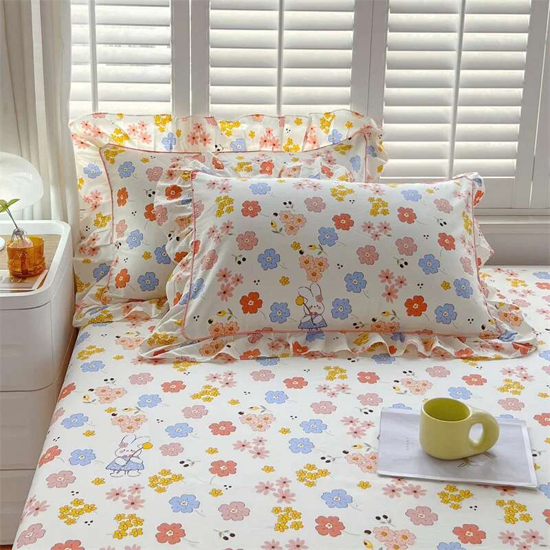 Solstice Floral Pillowcase Set - 2pcs 100% Cotton Ruffled Fundas de Almohada, Cushion Cover