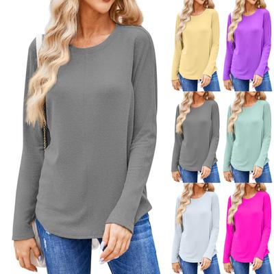 Dámske módne jednofarebné tričko s okrúhlym výstrihom a dlhým rukávom Neformálne jesenné topy