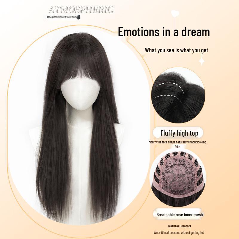 Women's Full Head Wig with Air Bangs - Black Long Straight Synthetic Hair, Fluffy and Natural for Daily Use.