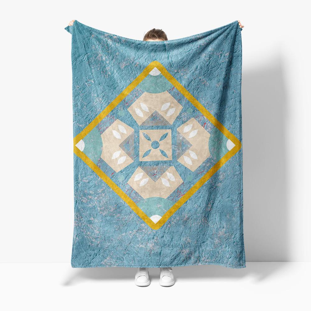 Vintage Wash Textured Throw Blanket Aqua Blue Geometric Pattern Soft Fleece Blanket Sofa Bed Living Room Decor 75x90cm