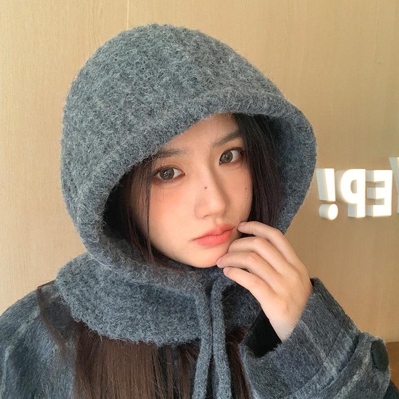 Autumn and Winter Hats for Women  One Piece Big Head Circumference Balaclava Hat Korean Versatile Windproof and Warm Wool Hat