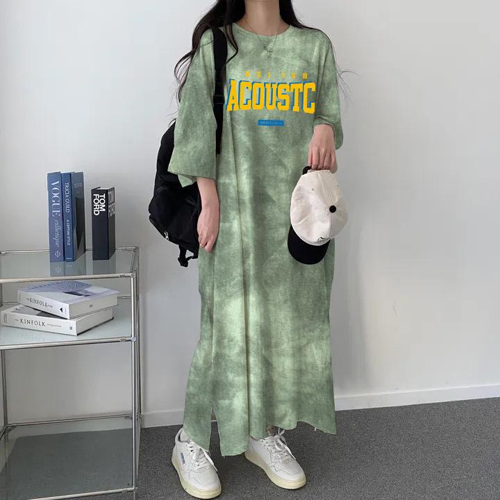 

Korean Style Tie-Dye Short-Sleeve T-Shirt Dress - Casual, Mid-Length, Over-the-Knee, Loose Fit, Slimming Women s Summer Dress L