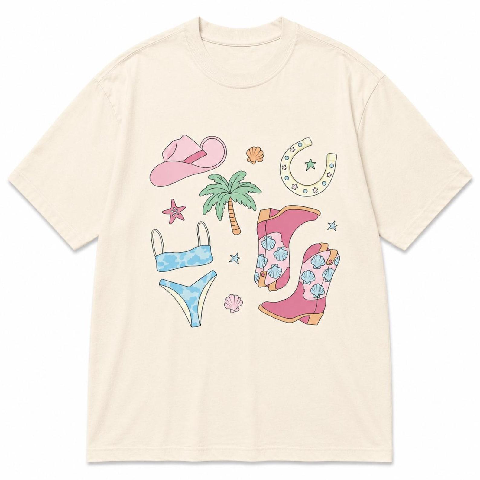 Coastal Cowgirl Graphic Tee – Pastel Beach Western Summer Shirt XL
