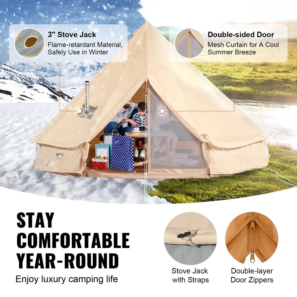 VEVOR Canvas Bell Tent, 4 Seasons 4 m/13.12 ft Yurt Tent, Canvas Tent for Camping with Stove Jack, Breathable Tent Holds up to 6 People