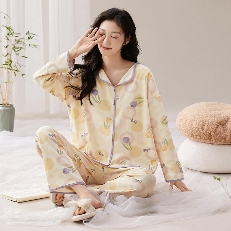Bear Blue Flower Women Pajamas Set Long Sleeves Long Pants Autumn Winter Cute Kawaii Sleepwear Pyjamas Soft Pijamas Ladies Cozy