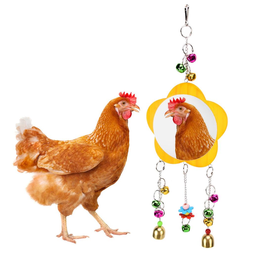 Chicken Mirror Toys Wood Chicken Hanging Mirror Toys with Bell for Chicken Stuff Parakeet Bird Playing
