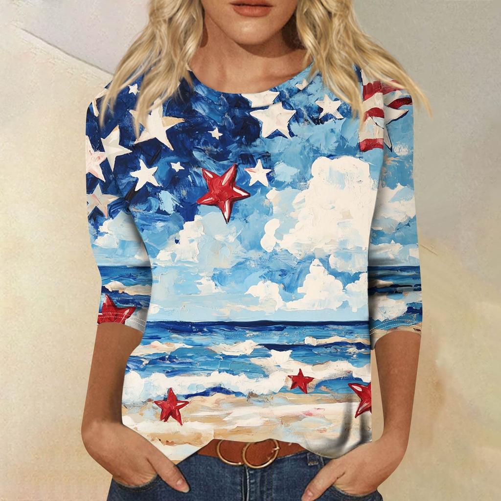 Women's Fashion Casual Seven Sleeve Independence Day Printed Round Neck T-Shirt Top
