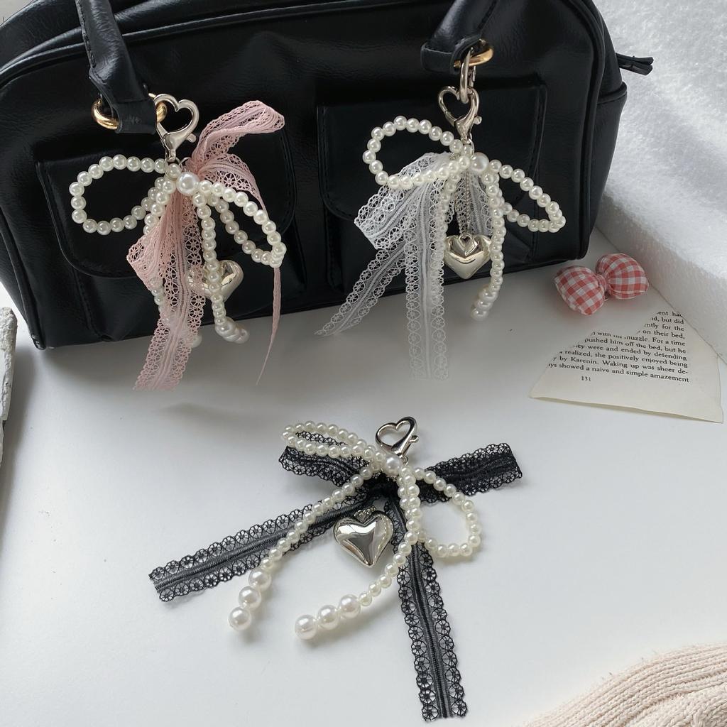 Lace Bowknot Keychain Imitation Pearls Beaded Pendant Keyring for Women Handbag Backpack Key Chain Ornament