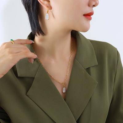 Minimalist Personality Natural White Seashell OT Buckle Long Brand Pendant Necklace Glossy Elegant Earrings Jewelry Set
