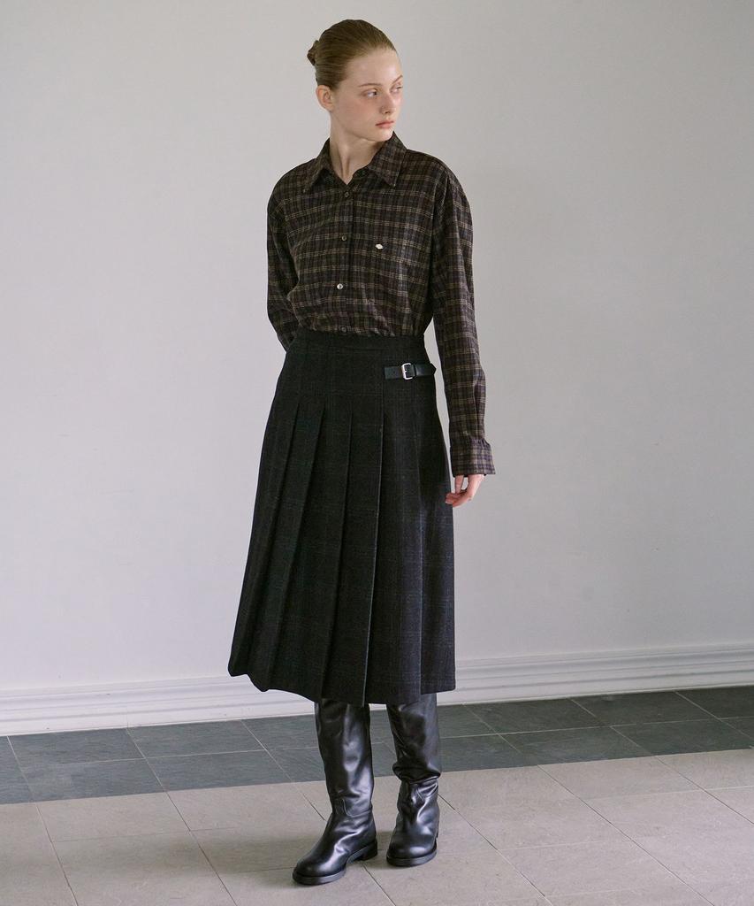 Awi Pleated Wool Check Skirt_Black