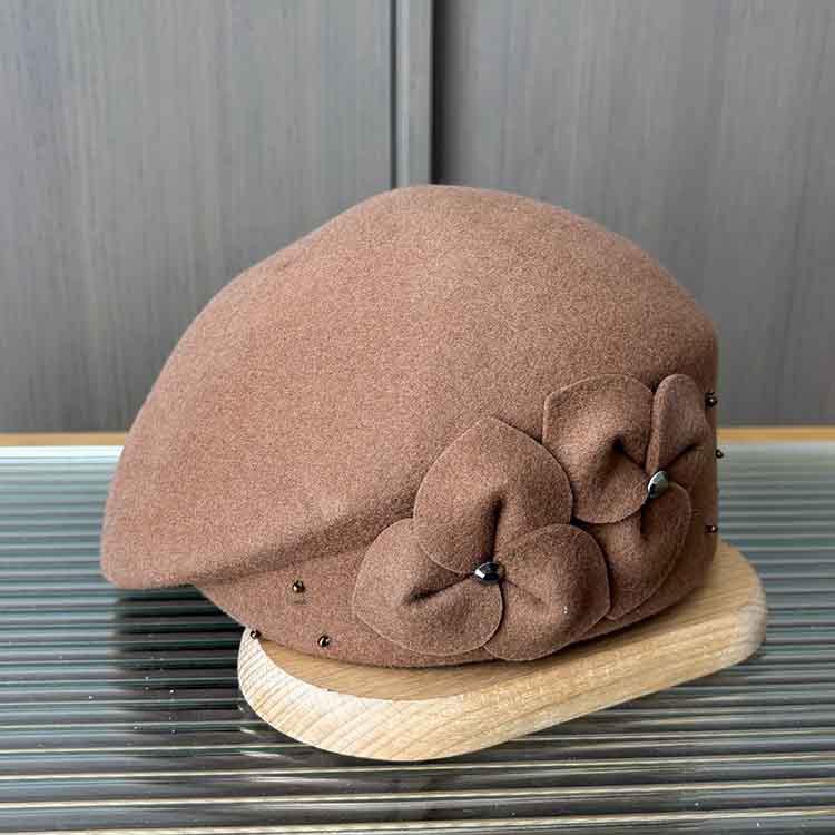 Ladies Autumn and Winter Elegant Flower Woolen Duck Tongue Beret Temperament Stewardess Hat Fashion Styling Top Hat