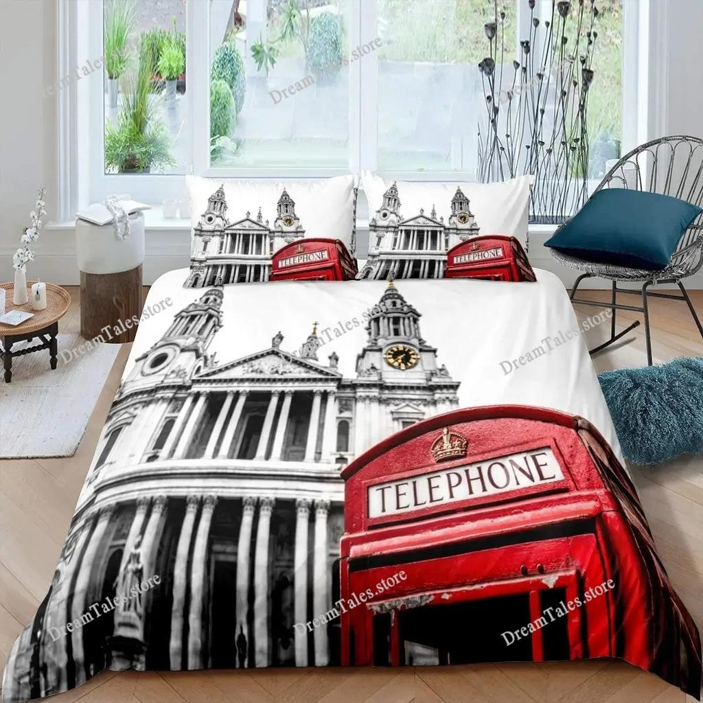 Big Ben Bettbezug Jungen Berühmte Telefonzelle Bettwäscheset für Teenager Retro Londoner Stadtbild Bettbezugset mit Kissenbezug