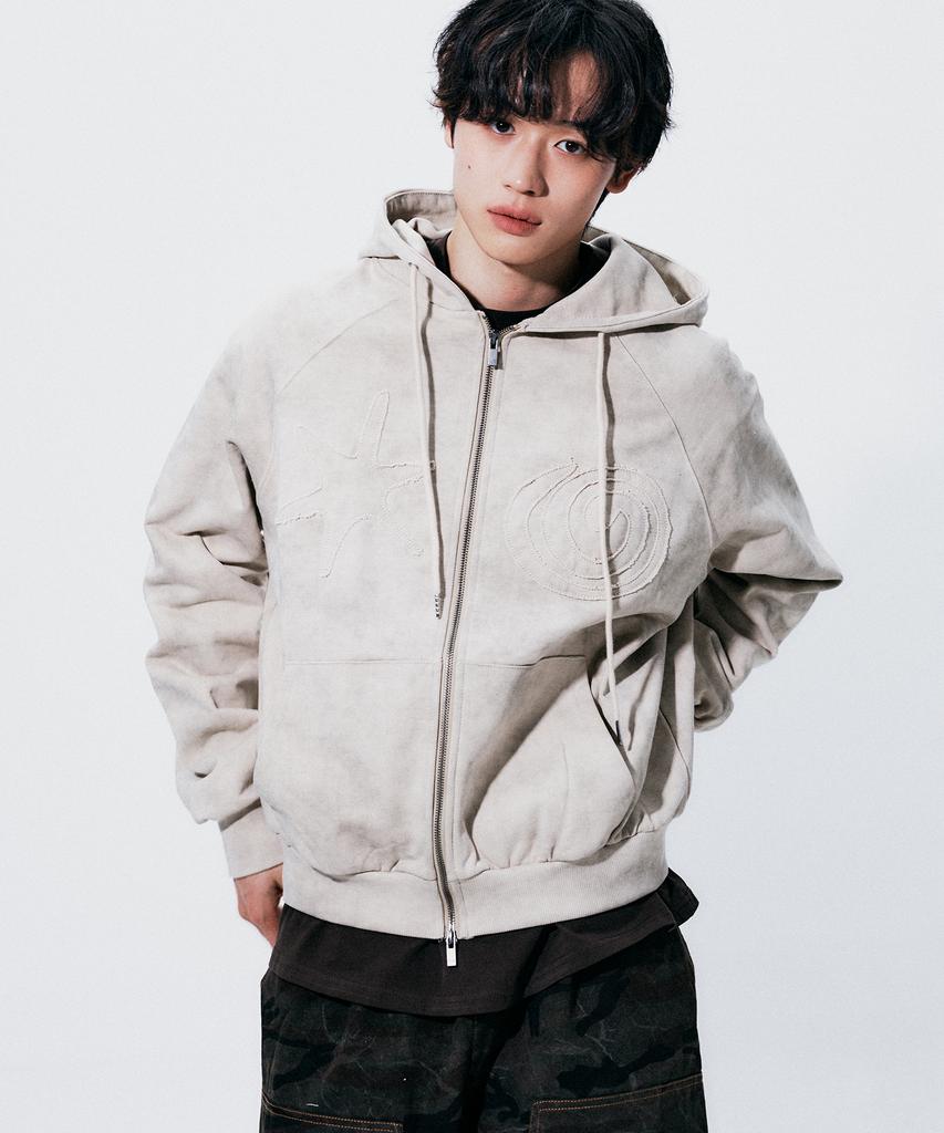 Someplace Man Sequin Star Patch Point Crack Two-Way Sweat Hooded Zip-Up Jacket [Cream]