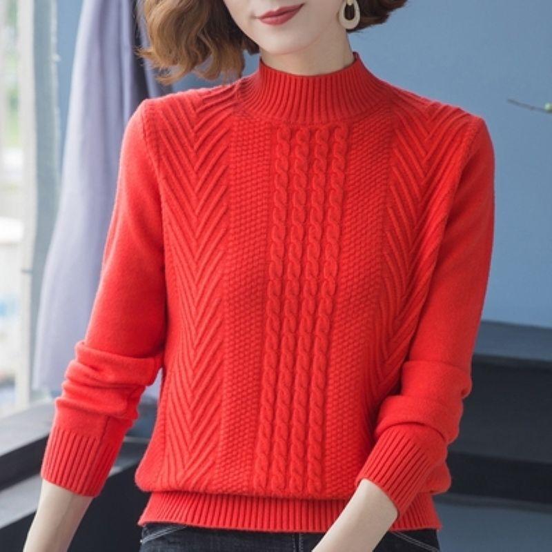 

Autumn Winter Simplicity Fashion Short Half High Collar Knitted Pullovers Lady Solid Color All-match Thick Long Sleeve Sweaters S