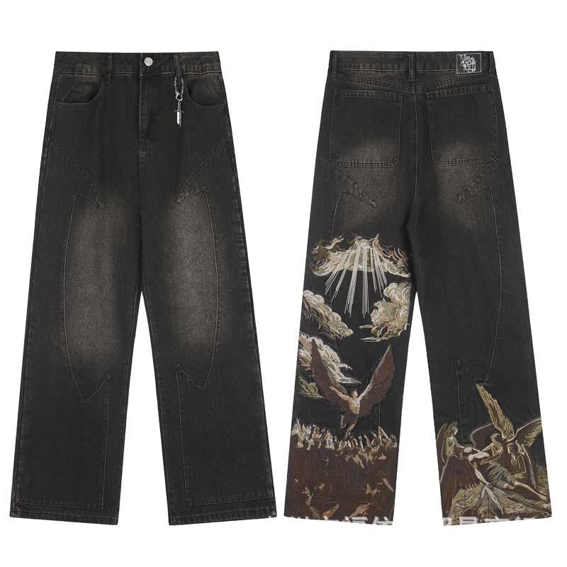 Vescartes Gefallener Engel Bestickte Jeans Locker Gerades Bein Vintage Hose Herren Damen