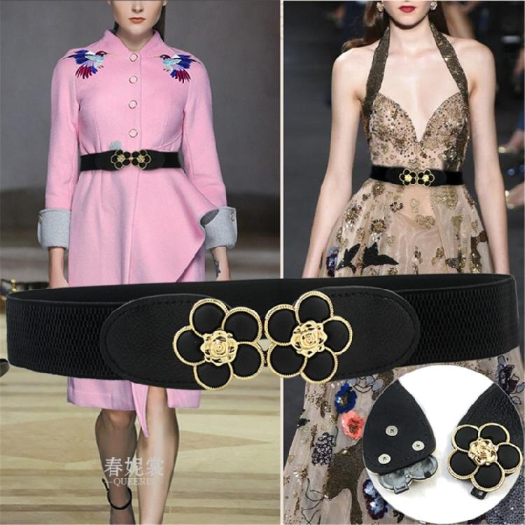 Stretch Waist Chain Oversized Flower Buckles PU Belt for Women Proms Stage and Club Party Casual Wear Elaborate Jewelry