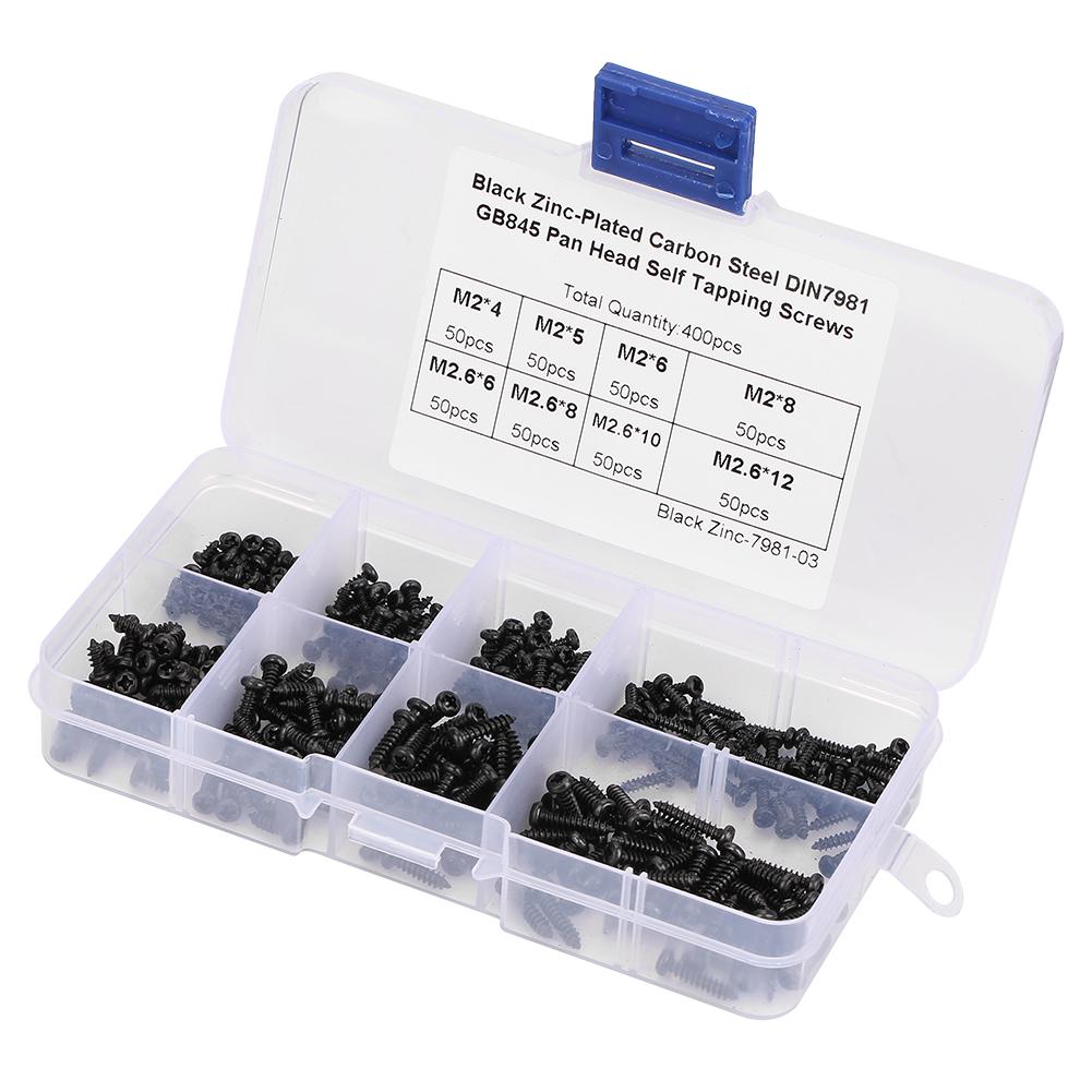 

400Pcs Black M2 M2.6 Cross Pan Head Self Tapping Screws Set Assortment Kit чёрный