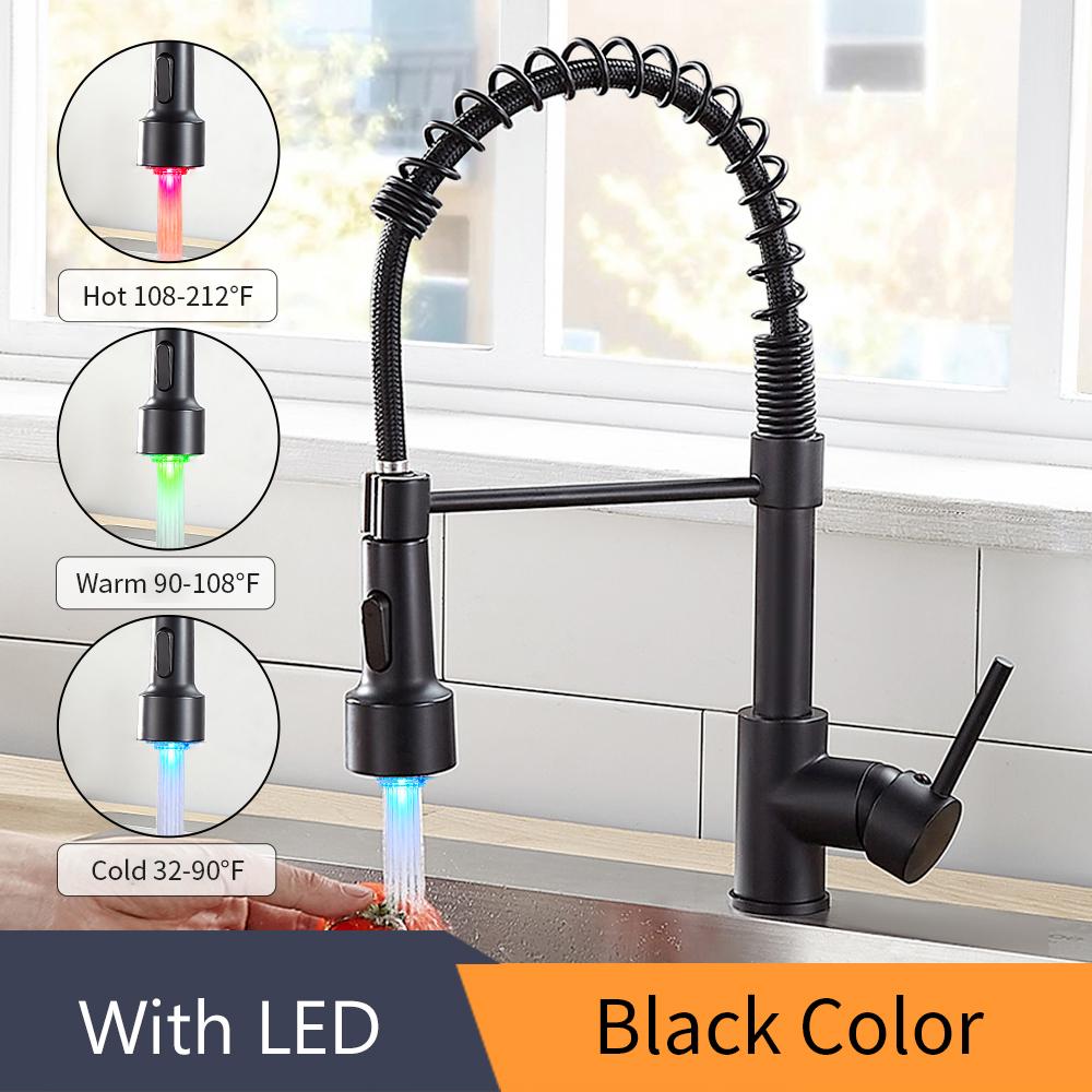 LED Light Kitchen Faucet with Pull Down Sprayer Sus304 Stainless Steel Industrial Single Handle Faucet  9005